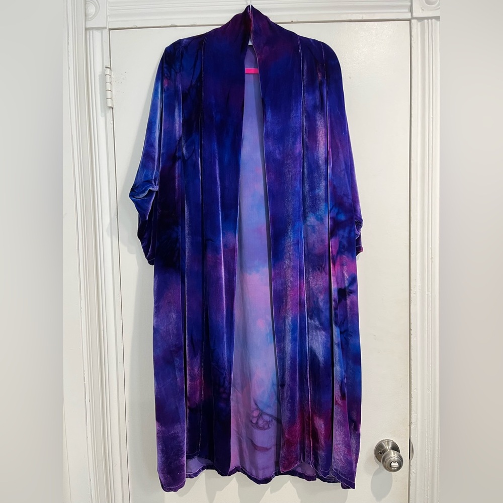 Elizabeth Eyre Seltzer Vintage Tie Dye Purple Velvet Open Front Jacket Sz. OS - Picture 2 of 7